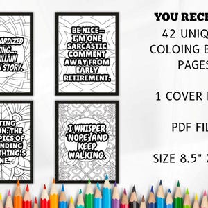 May include: Four black framed coloring book pages with humorous quotes, including "Standardized Testing... My Villain Origin Story." The image also includes text stating the coloring book contains 42 unique pages, a cover page, and is 8.5" x 11" in size.
