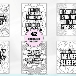 May include: A collection of six black and white coloring pages with humorous quotes, including "Just one quick thing, 45-minute meeting" and "Discipline is an art, I'm Picasso." A pink circle states "42 coloring pages!"
