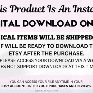 May include: A digital download announcement with the text "This Product Is An Instant Digital Download Only!" in black font. The text also states that no physical items will be shipped and the PDF will be ready to download after purchase.