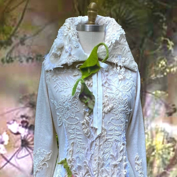 Wearable art Wedding beaded COAT, fantasy art to wear romantic clothing, OOAK boho coat, altered refashioned couture. Size L. Ready to ship