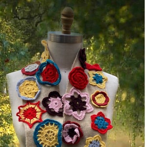 Floral art to wear  boho  SCARF/Wrap OOAK fairytale  artistic accessory repurposed unique Eco-Couture croched flowers artisan Scarf Wrap
