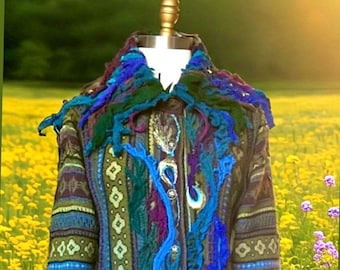 Fantasy Peacock sweater Jacket, bohemian wearable art unique clothing, artisan made art to wear altered eco couture. Plus size.Ready to ship