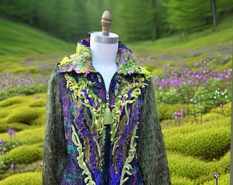 Wearable art fantasy boho Coat, OOAK tapestry long boho art to wear Coat eco couture goddess reporposed clothing. Size XL. Ready to ship