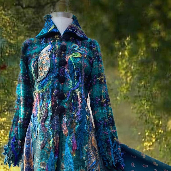Peacock Art to wear sweater COAT Size M/L Fantasy OOAK unique Wearable art altered couture boho artisan made  textile art. Ready to ship