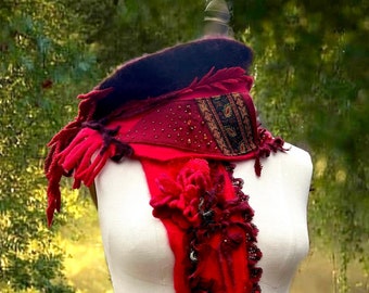 Wearable Art Scarf with the a pocket, Fantasy boho unique OOAK artisan made Wrap with felt flower art to wear romantic Scarf