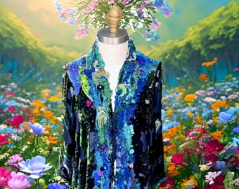 Velvet Fantasy Peacock hand beaded Jacket, Wearable art unique boho repurposed clothing silk romantic art to wear cardigan op