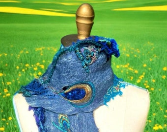 Peacock Fantasy art to wear boho felted SCARF, Fairy beaded romantic OOAK artistic fibers blue Wrap unique goddess wearable art accessory
