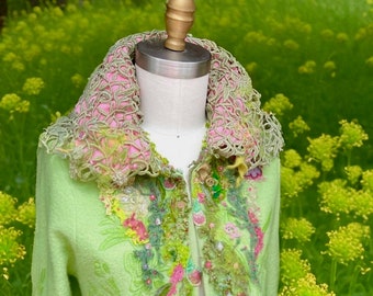 Boho Perlen Fantasy lange Pullover Jacke, Tragbare Kunst OOAK Eco Couture umfunktionierte Kleidung künstlerische Kunst zum Tragen MANTEL. Größe XL. Bereit zum Versand
