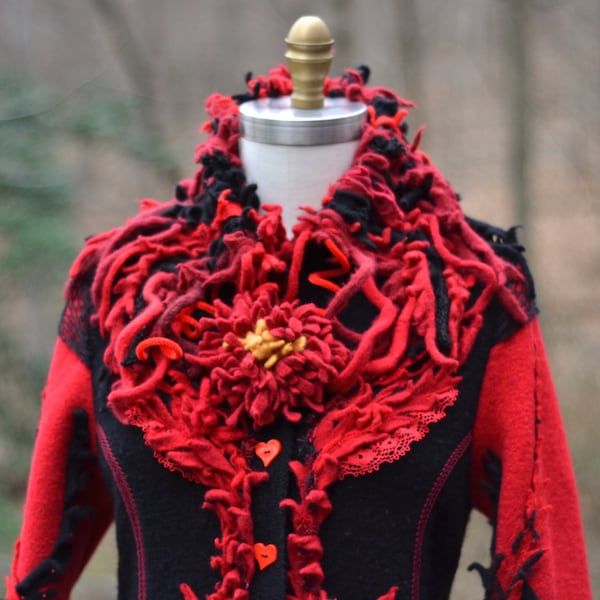 Red black boho eco fashion fantasy SWEATER COAT with felt flowers in size Large. Ready to ship