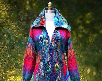 Custom Fantasy Peacock long sweater Coat, wearable Art bohemian clothing OOAK unique goddess fairy eco couture art to wear patchwork Coat