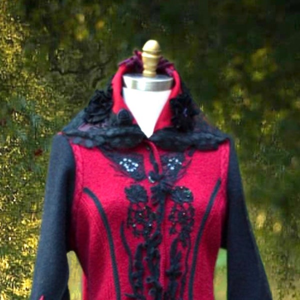 Long Winter sweater COAT, OOAK boho art to wear, Victorian fantasy unique clothing, patchwork Festival altered couture.Size L. Ready to ship