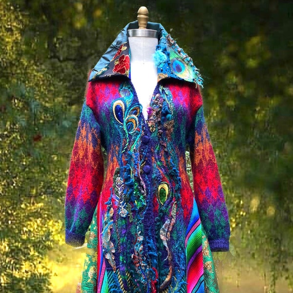 Custom Fantasy Peacock long sweater Coat, wearable Art bohemian clothing OOAK unique goddess fairy eco couture art to wear patchwork Coat