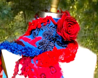 Wearable art boho long Floral Scarf Fantasy unique blue red Wrap with ribbons OOAK artisan made art to wear textured Scarf lace appliqués