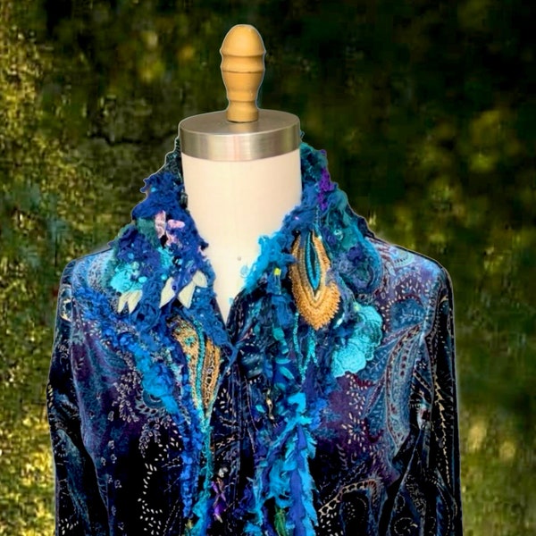 Velvet boho beaded Peacock Jacket, Wearable art altered eco couture Blouse Fantasy goddess blue refashioned clothing. Size M. Ready to ship
