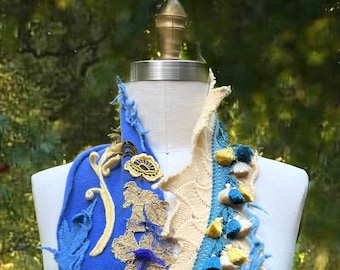 Tassels boho floral Scarf/Wrap, wearable art OOAK blue yellow scarf, unique fantasy accessory,  soft colorful art to wear artistic Scarf