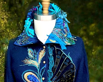 Peacock Fantasy sweater Jacket wearable art unique repurposed clothing Eco-couture fairy OOAK blue turquoise Jacket. Size XL.Ready to ship