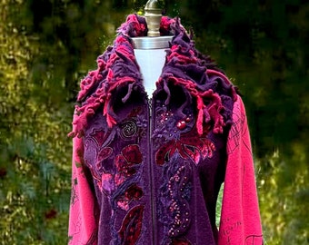 Fantasy Wearable art boho beaded sweater COAT refashioned OOAK colorful clothing unique art to wear artisan made Coat. Size XL.Ready to ship