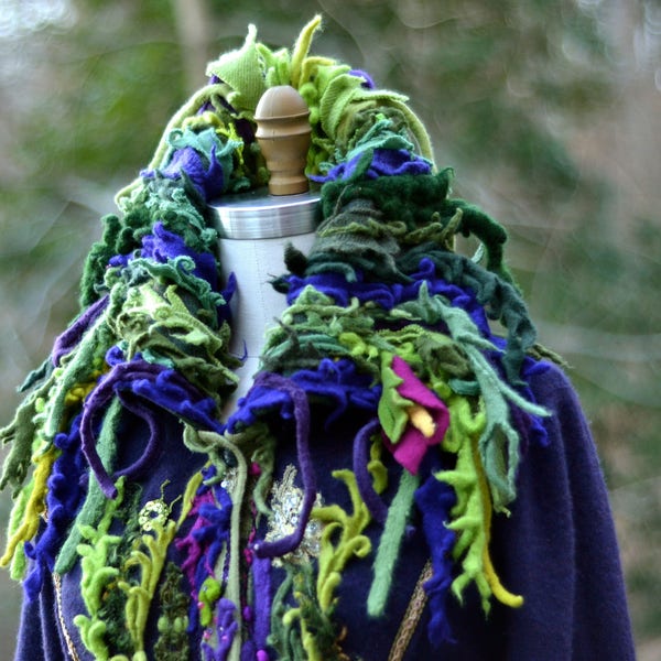 Green purple long Sweater COAT, Woodland fantasy art to wear, festival goddess OOAK coat, refashioned Eco-couture. Size L/XL