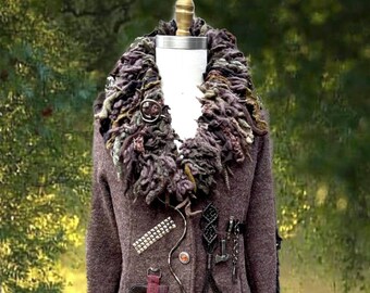 Steampunk Sweater Coat Military OOAK felted Cosplay apocalyptic grunge long Jacket in size XLarge refashioned clothing. Ready to ship.