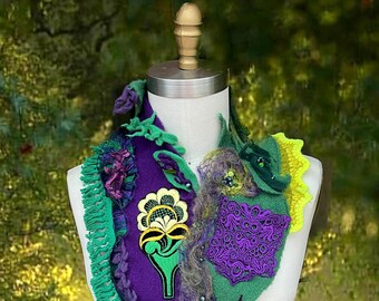 Bohemian fantasy art to wear Scarf wearable art beaded Wrap with a lace pocket OOAK fairy unique art to wear lace applique accessory