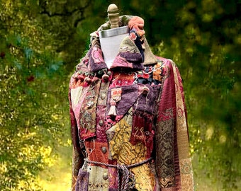 Amber Studios patchwork COAT, boho Fantasy colorful clothing, long wearable art festival fairy Coat, repurposed eco couture OOAK art to wear