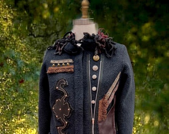 Steampunk Sweater Coat Military OOAK felted Cosplay apocalyptic grunge long Jacket in size Large refashioned clothing. Ready to ship.