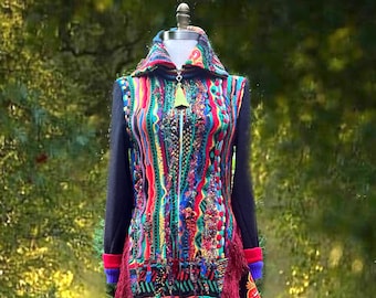 Boho Fantasy sweater COAT Wearable art altered couture OOAK refashioned clothing, beaded unique hippy artisan made coat.Size S.Ready to ship