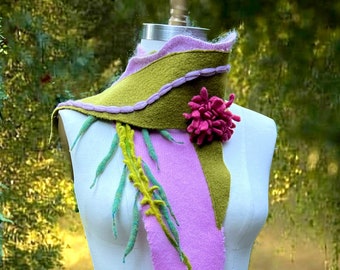 Art to wear boho felt Scarf/Wrap wool Fantasy Wearable art fairy OOAK accessory artisan handmade unique colorful altered couture felt flower