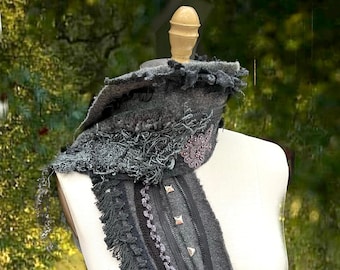 Steampunk gray long Scarf wearable art altered couture Fantasy OOAK Scarf unique art to wear boho accessory Artful Amber Studios Wrap