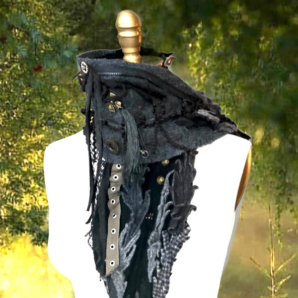 Steampunk wearable art long SCARF boho OOAK Victorian Gray black military style Wrap hipster cosplay Post apocalyptic Shawl