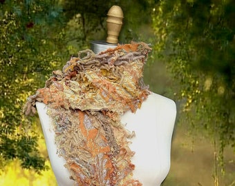 Long wool boho Fantasy Amber Studios Scarf art to wear OOAK unique fairy Wrap textured wearable Art goddess gold color Shawl with sequins