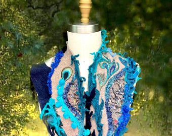 Peacock Fantasy boho Scarf unique Wearable art long  blue turquoise brown Wrap Fairy artistic goddess romantic artisan made pom pom Scarf