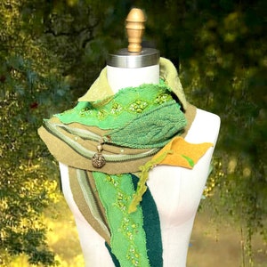 Boho art to wear embroidered Scarf artistic long OOAK Fantasy Wrap wearable art unique artisan made capalet with a pocket and felt flower image 1