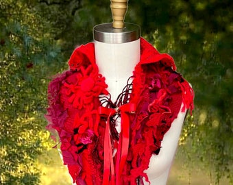 Wearable art boho Scarf Fantasy unique accessory with tiesOOAK artisan made art to wear textured capalet with felt silk flowers,ties closure