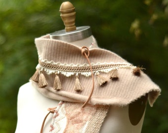 Light brown soft wool Scarf/ Wrap/ Shawl, OOAK unique Spring accessory, scarf with tassels and faux leather closure