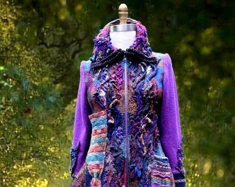Wearable art boho Fantasy sweater Coat artisan made altered couture OOAK refashioned clothing, beaded unique hippy coat.Size M.Ready to ship