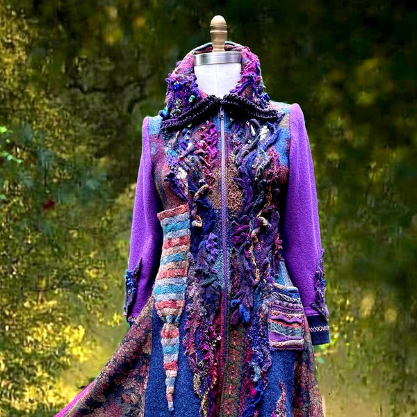 Wearable art boho Fantasy sweater Coat artisan made altered couture OOAK refashioned clothing beaded unique hippy coat.Size M.Ready to ship