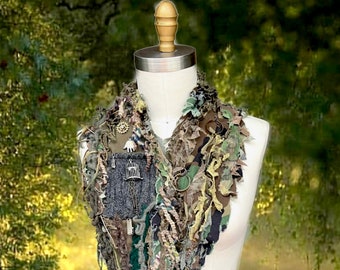 Steampunk tattered military style art to wear SCARF with the POCKET,boho OOAK unisex grunge distressed camouflage Wrap hipster cosplay Shawl