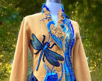 Custom Amber Studios boho sweater coat, Dragonfly Fantasy wearable art clothing