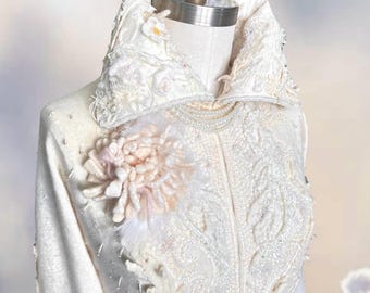 Amber Studios beaded white sweater Jacket, Fantasy boho wearable art clothing. Size Medium. Ready to ship
