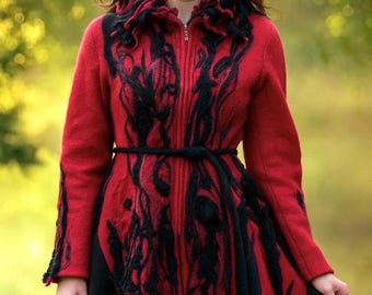Boho Red Black Sweater Coat, Fantasy Art Wearable Clothing, OOAK Size L/XL