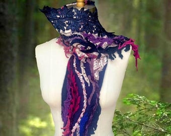 Beaded navy purple pink Scarf, bohemian long textured Wrap