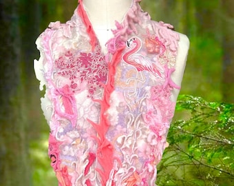 Flamingo Appliqué Boho Scarf: Romantic Beaded Art Wrap, Fantasy Shawl