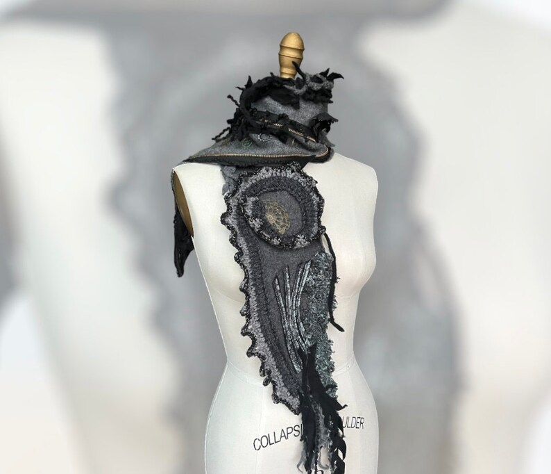 Long Steampunk military style art to wear SCARF boho OOAK unisex Victorian Gray Wrap hipster cosplay Post apocalyptic Shawl Capalet ruffle image 7