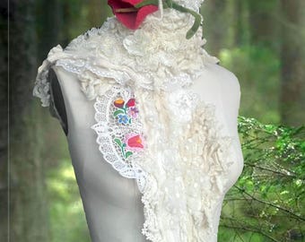 White textured boho Scarf, Fantasy Beaded Lace pearls Shawl, OOAK Wearable Art artisan Wrap