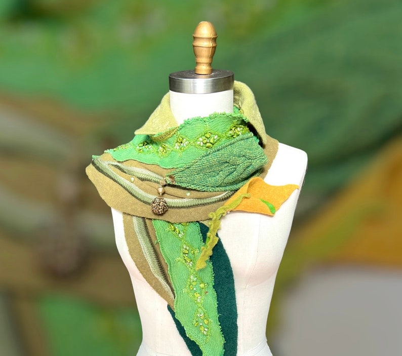 Boho art to wear embroidered Scarf artistic long OOAK Fantasy Wrap wearable art unique artisan made capalet with a pocket and felt flower image 10