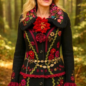 May include: Black coat with floral embroidery in red, pink, and green. The coat features a decorative collar, a large red flower, and a gold chain belt. The coat's design includes a skirt with matching floral embroidery.