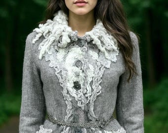 Boho unique Sweater Jacket: Beaded Lace with felted details Art to Wear jacket. Size (L/XL)