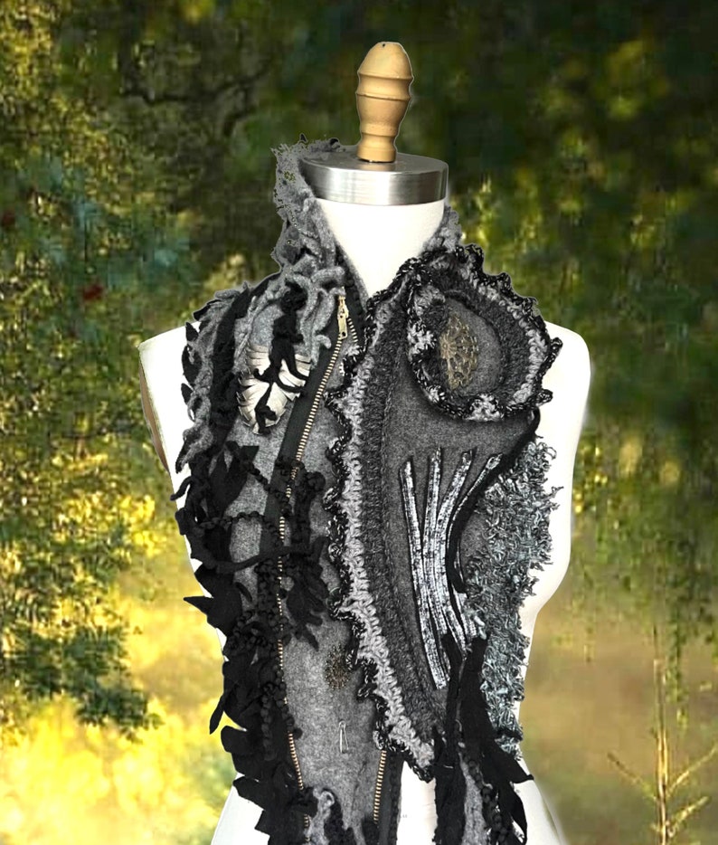 Long Steampunk military style art to wear SCARF boho OOAK unisex Victorian Gray Wrap hipster cosplay Post apocalyptic Shawl Capalet ruffle image 1