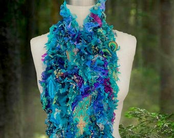 Peacock wearable art Fantasy Scarf, upcycled fiber art boho non wool statement Wrap